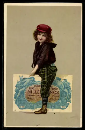AK Junge mit einem Geldschein auf der Schulter