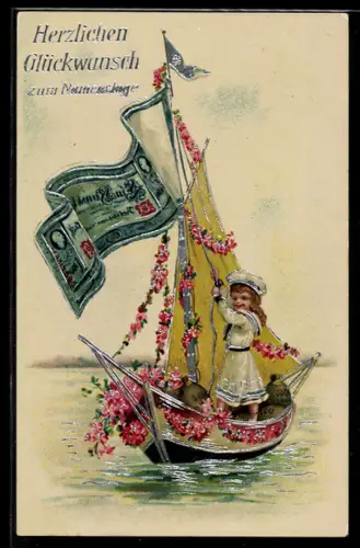 AK Mädchen im Boot mit Geldschein als Fahne, Namenstag