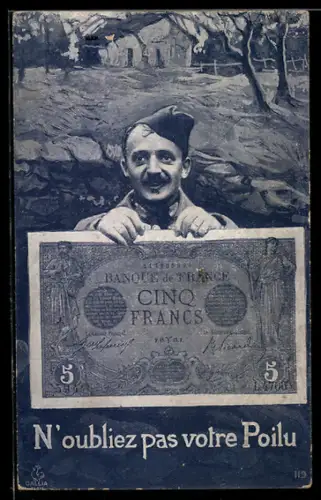 AK N`oubliez pas votre Poilu, Soldat mit Banknote