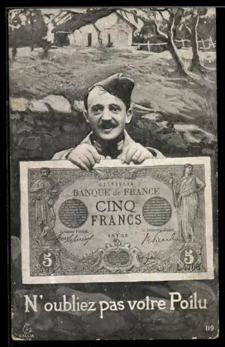 AK N`oubliez pas votre Poilu, Soldat mit Banknote