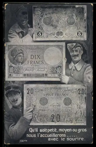 AK Soldaten mit französischen Geldscheinen