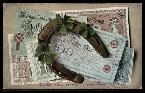AK Geldscheine mit einem Hufeisen und Kleeblättern