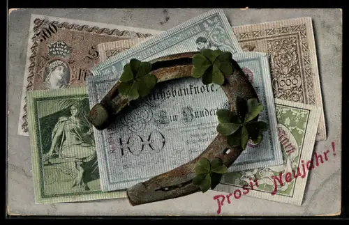 AK Hufeisen und Kleeblätter liegen auf Reichsbanknoten