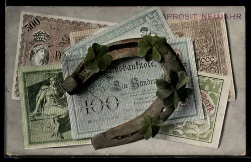 AK Hufeisen auf Geldscheinen, Neujahrsgruss