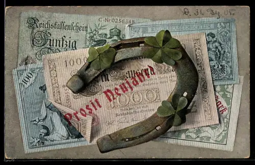 AK Hufeisen auf Geldscheinen, Neujahrsgruss