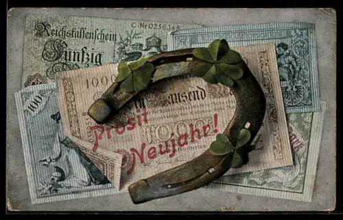 AK Hufeisen auf Geldscheinen, Neujahrsgruss
