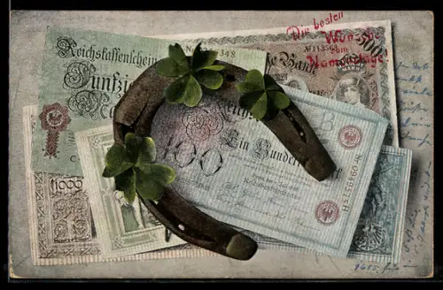 AK Hufeisen auf Geldscheinen, Glückwunsch zum Namenstage