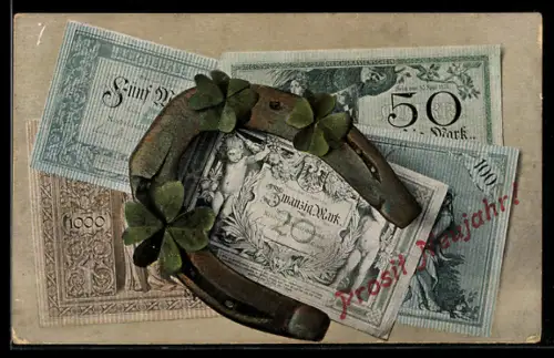 AK Geldscheine, Hufeisen und Kleeblätter