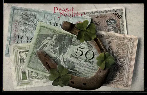 AK Geldscheine, Reichsbanknoten mit Hufeisen, Kleeblätter