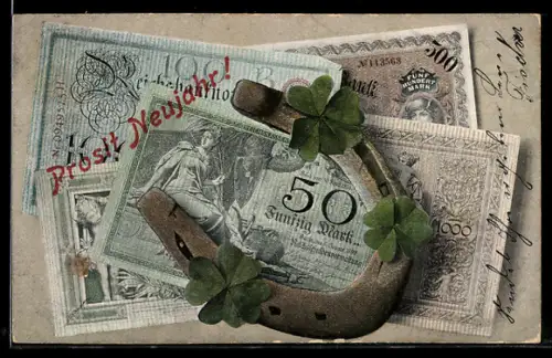 AK Geldscheine, Reichsbanknoten mit Hufeisen, Kleeblätter