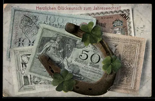 AK Geldscheine, Reichsbanknoten mit Hufeisen, Kleeblätter