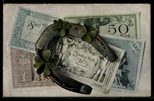 AK Geldscheine, Hufeisen und Kleeblätter