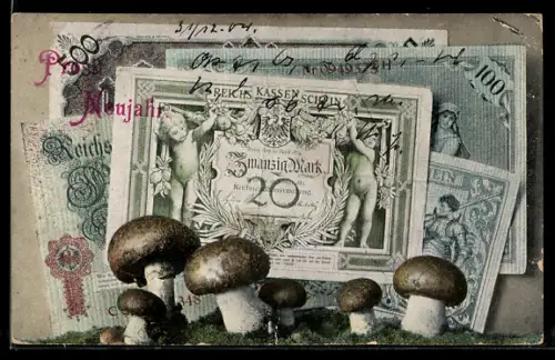 AK Geldscheine mit Champignons, Neujahrsgruss