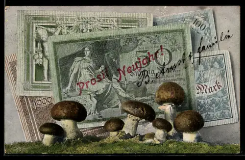 AK Geldscheine mit Champignons, Neujahrsgruss