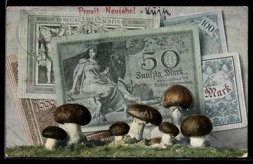 AK Geldscheine mit Champignons, Neujahrsgruss