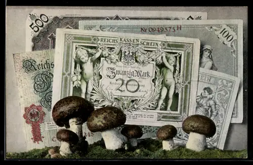 AK Champignons auf Wiese mit Geldscheinen
