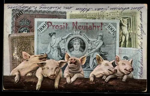 AK Schweine mit Geldscheinen, Neujahrsgruss