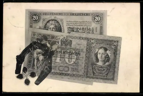 AK Zehn Österreich-ungarische Kronen mit Engel und Hufeisen