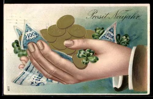 AK Neujahrsgruss, Hände voller Geld