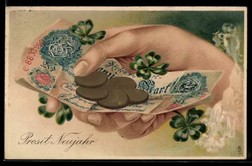 Präge-AK Reichsmarkschein mit Münzen und Kleeblättern