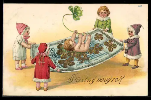 AK Kinder benutzen einen riesigen Geldschein als Sprungtuch