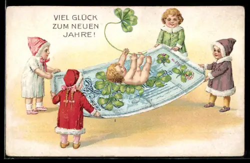 AK Mädchen tragen ein Kind mit Kleeblatt auf einem Geldschein