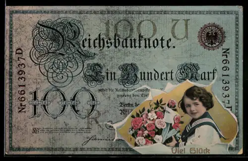 AK Einhundert Reichsmarkschein mit Kind und Blumenstrauss