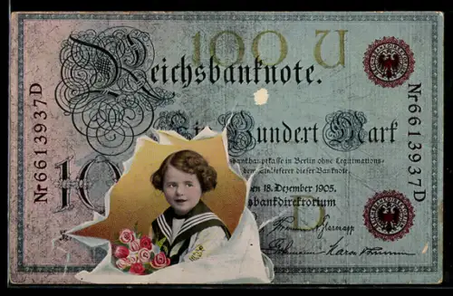 AK Einhundert Reichsmarkschein und Kind mit Blumenstrauss