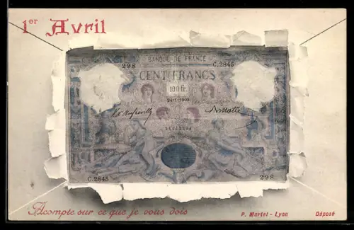 AK France, Geldschein durch zerrissenes Papier