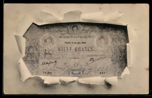 AK Eintausend Francs-Schein mit Briefumschlag-Passepartout