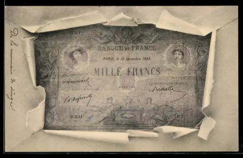 AK Französischer Geldschein im Umschlag, Mille Francs