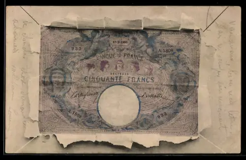 AK Fünfzig Francs-Schein mit Briefumschlag-Passepartout