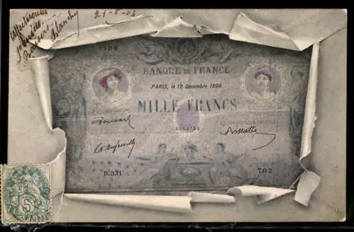 AK Eintausend Francs-Schein mit Briefumschlag-Passepartout