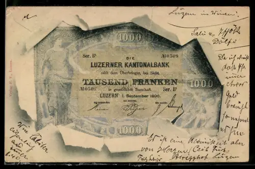 AK Eintausend Schweizer Franken-Schein mit Briefumschlag-Passepartout