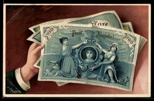 AK Neujahrsgruss, Geldscheine