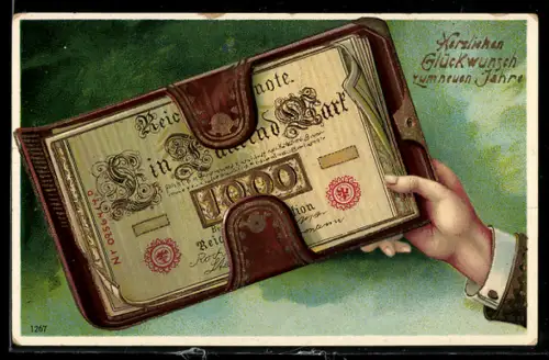 AK Klemmbrett und Geldschein, Neujahrsgruss