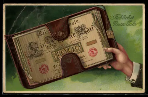 AK Klemmbrett und Geldschein, Neujahrsgruss
