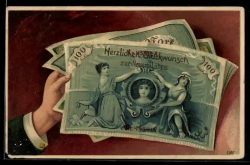 AK Neujahrsgruss, Geldscheine