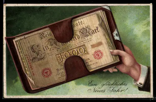 AK Klemmbrett und Geldschein, Neujahrsgruss
