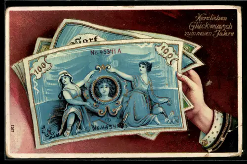 AK Neujahrsgruss, Geldscheine