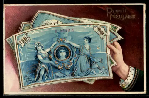 AK Neujahrsgruss, Geldscheine