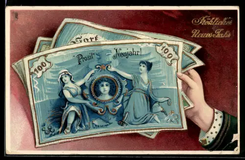 AK Neujahrsgruss, Geldscheine