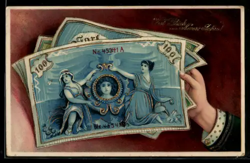 AK Neujahrsgruss, Geldscheine