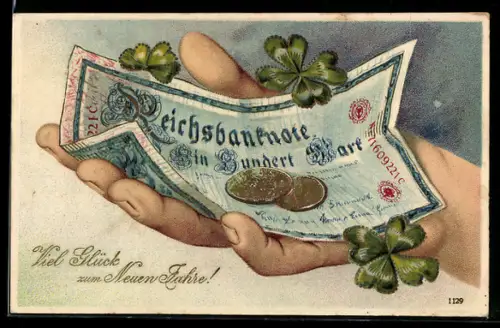 AK Hand mit Geldschein- und Münzen, Neujahrsgruss