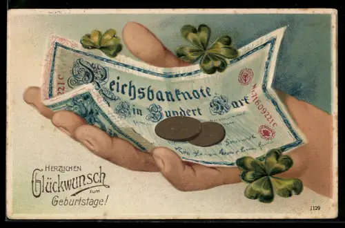 AK Hand mit Geldschein- und Münzen, Neujahrsgruss