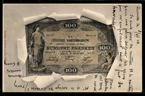AK Zürich, Geldschein der Zürcher Kantonalbank durch zerrissenes Papier