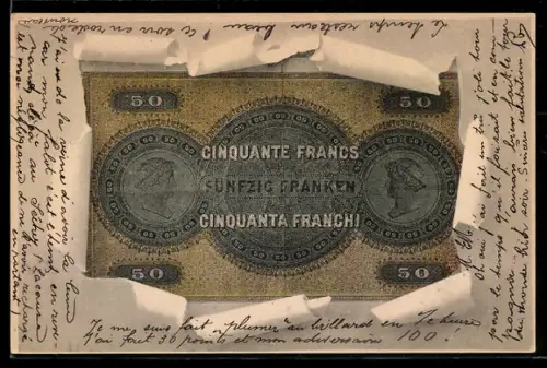 AK Fünfzig Franken-Schein mit Briefumschlag-Passepartout