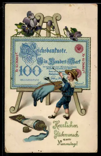 AK Maler mit Geldschein auf der Staffelei, Glückwunsch zum Namenstag