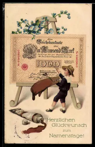 AK Kleiner Kunstmaler malt einen Tausend-Mark-Schein, Neujahrsgruss