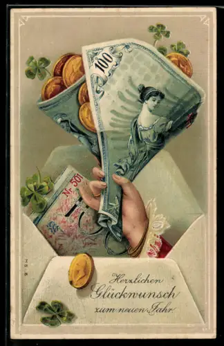 Präge-AK Geldmünzen in gerolltem Geldschein, Neujahrsgruss